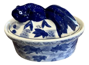 Chinoiserie Blue & White Chinese Koi Fish Oval Vessel / Tureen / Covered Dish / Box With Lid