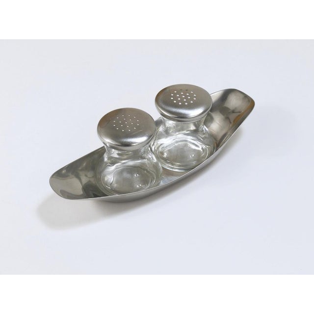Mid-Century Salt Pepper Shakers with Tray attributed to Wilhelm Wagenfeld for WMF, 1950s, Set of 3 For Sale - Image 6 of 18