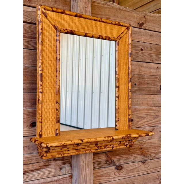 Vintage Boho British Colonial Faux Bamboo & Rattan Weave Wall Mirror With Shelf For Sale - Image 10 of 11