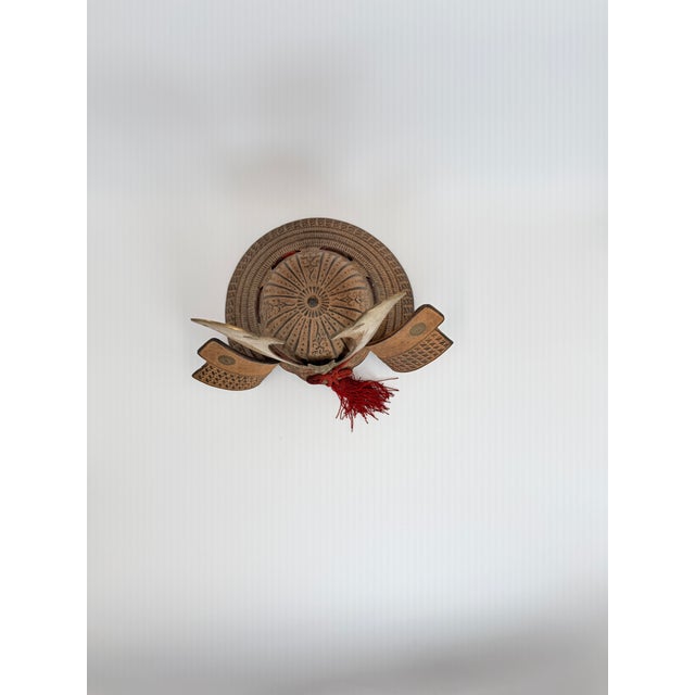 Metal Vintage Japanese Kabuto Samurai Helmet Miniature Armor Display – Brass Maedate & Menpo Detail For Sale - Image 7 of 12