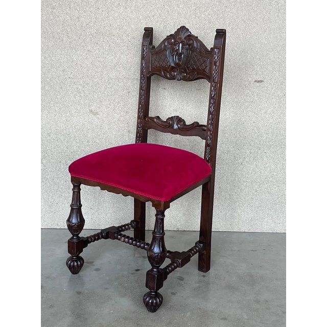 19th Century Set of Six French Carved Walnut Turned Wood Chairs With Velvet Seat For Sale - Image 4 of 13