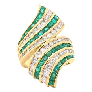 4.42 Carat Emerald & Diamond Pave 18k Gold Bypass Cluster Ring, Size 6.5 For Sale