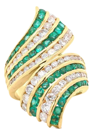 4.42 Carat Emerald & Diamond Pave 18k Gold Bypass Cluster Ring, Size 6.5