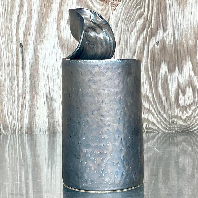 Late 20th Century Vintage Boho Studio Pottery Open Can Vase For Sale In West Palm - Image 6 of 7