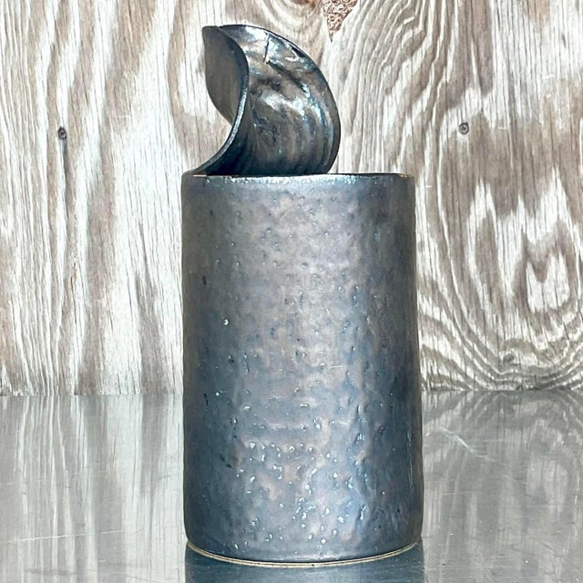 Vintage Brutalist Sculptural Black Studio Pottery Vase For Sale In West Palm - Image 6 of 13