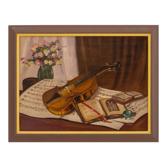 20th Century School, Violin Still Life, Oil on Canvas For Sale