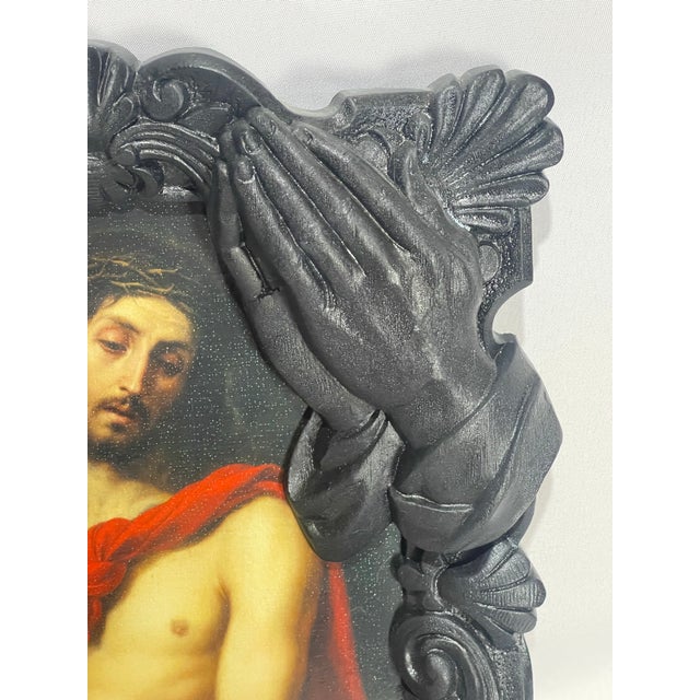 Baroque Ecce Homo After Bartolomé Esteban Murillo Print in Sculptural Praying Hands Frame For Sale - Image 3 of 11