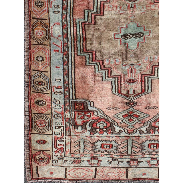 Salmon and Pink Vintage Turkish Oushak Rug With Tribal Medallion Design For Sale - Image 4 of 7