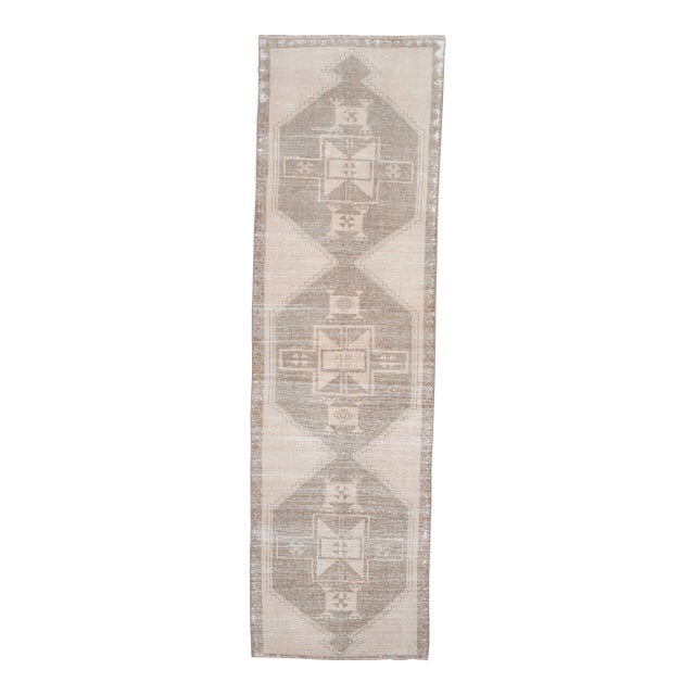 1970s Vintage Turkish Handmade Wool Cotton Beige Runner Rug For Sale