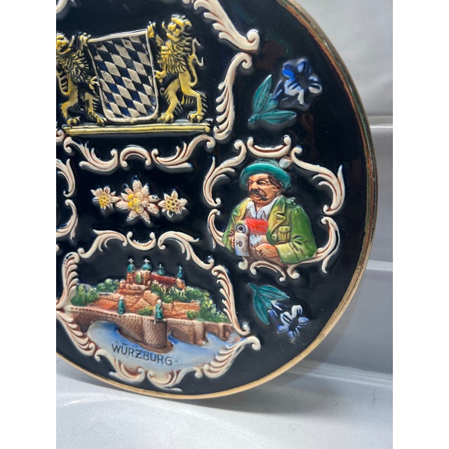 Navy Blue Vintage Collectible German Relief Pottery Plate Wurzburg For Sale - Image 8 of 10