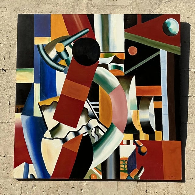 Red Vintage Boho Original Oil Painting on Board After Legere For Sale - Image 8 of 9