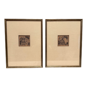 A Pair of Vintage Folk Art Framed Textile Art, "The Question" & "The Answer" in Black, Gold, Cream