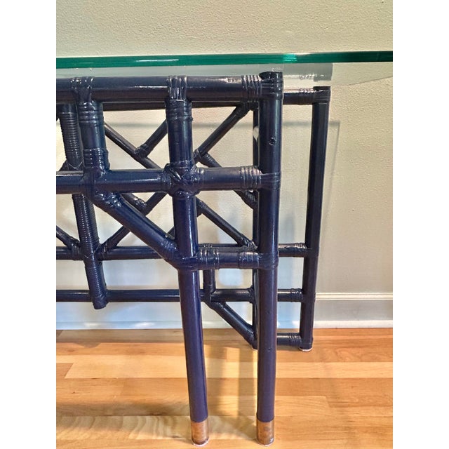 1970’s Custom Chinoiserie Bamboo and Rattan Console Table With Glass Top For Sale - Image 11 of 12