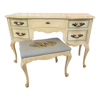 Vintage French Provincial Flip-Top Vanity With Mirror and Needlepoint Stool Circa 1960's For Sale