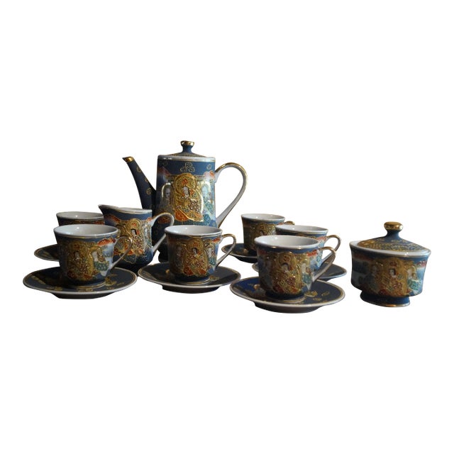 1950s Satsuma Moriage Hand-Painted Porcelain Tea Pot Set- 17 Pieces For Sale