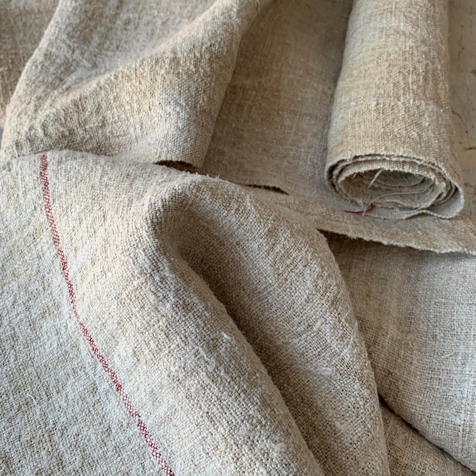 Antique Linen Grain Sack Fabric Organic Hemp Bolt With Red Signature