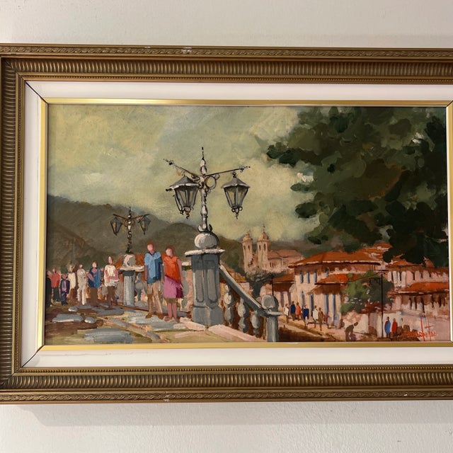 20th Century European School Oil on Canvas Framed Signed Urban Terrace Scene For Sale - Image 4 of 10