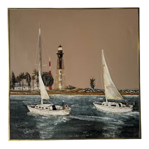 70's Frank Walcutt Impressionist Seascape - Sail Boats Oil on Canvas Painting .