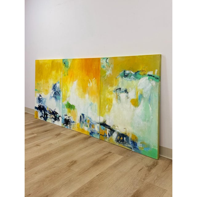 Abstract Set of 3 Modern Abstract Paintings Yellow Green Blue Wall Art Acrylic on Canvas For Sale - Image 3 of 16