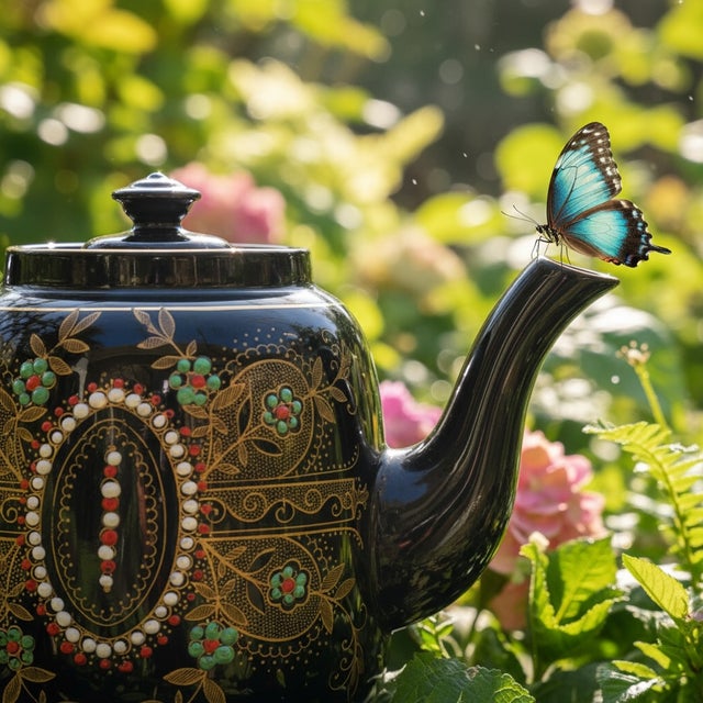 Antique Lingard Webster Teapot-Black Gilt-Enamel-Staffordshire England-Victorian For Sale - Image 4 of 10