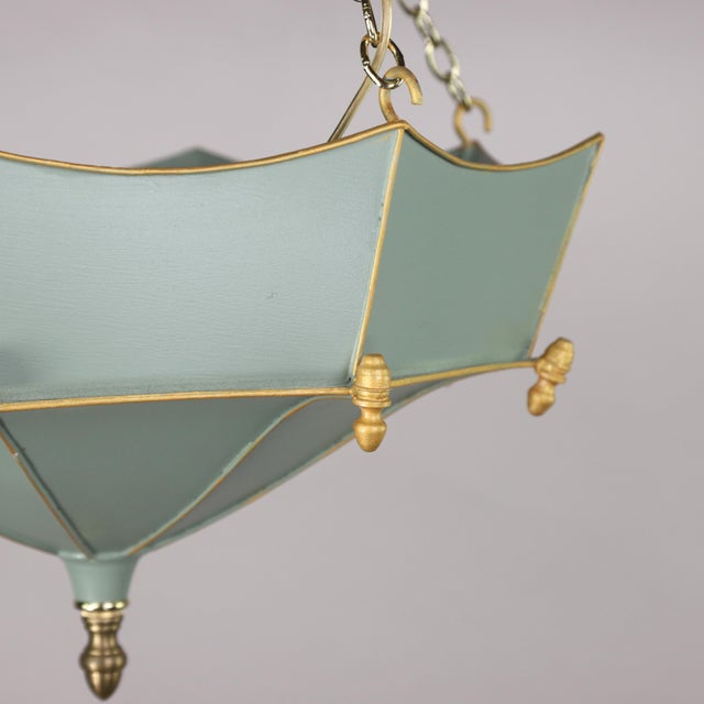 Early 21st Century Vintage Tole Umbrella-Shaped Metal Chandelier — Sage Green and Gold Leaf For Sale - Image 5 of 12