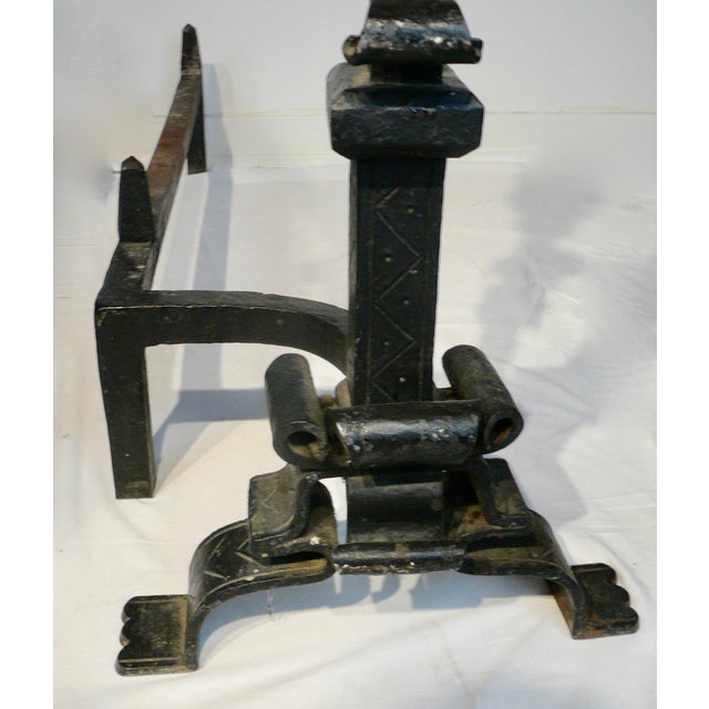 Metal Massive Pair Wrought Iron and Brass Andirons Attributed to Samuel Yellin For Sale - Image 7 of 11