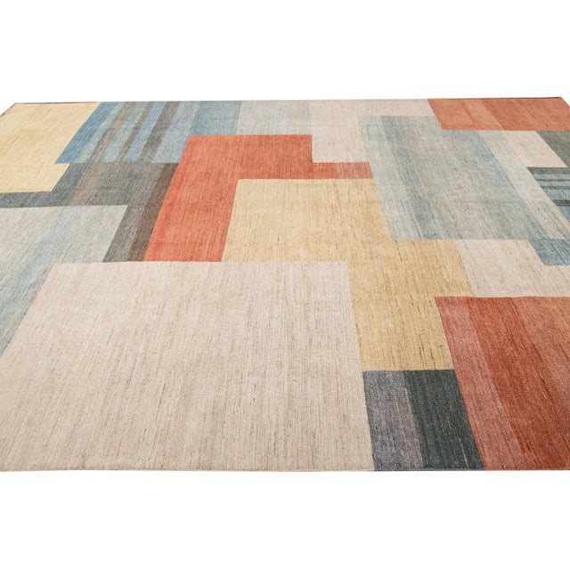 Modern Deco Style Handmade Multicolor Geometric Abstract Wool Rug For Sale In New York - Image 6 of 9