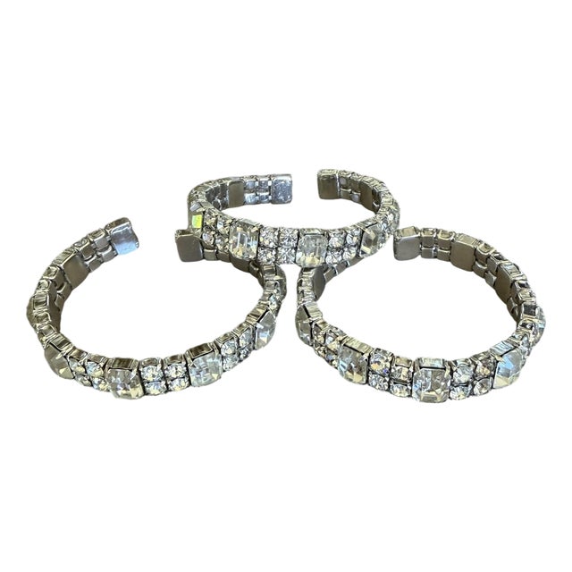 Circa 1960’s Set of Three Rhinestone Stretch Cuff Bracelets For Sale