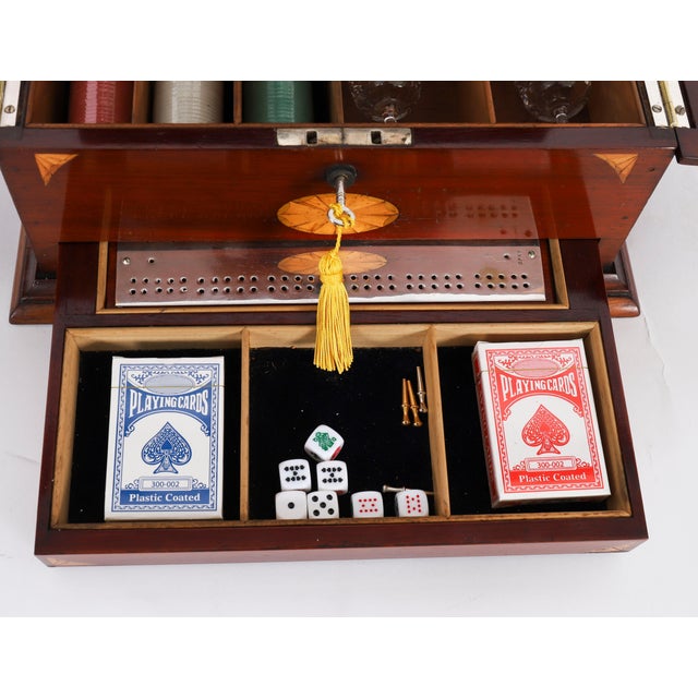 Antique Satin Wood Three Cut Crystal Decanter Tantalus and Games, 1890s, Set of 6 For Sale - Image 12 of 18