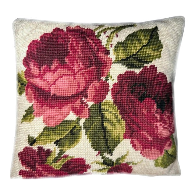 Needlepoint Rose & Fortuny Glicine Throw Pillow, Down & Feather, Custom For Sale