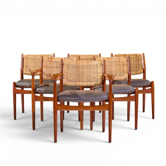 Arne Vodder for Sibast Model 51 Mid Century Danish Teak and Cane Dining Chairs - Set of 6 Each armless chair measures:...