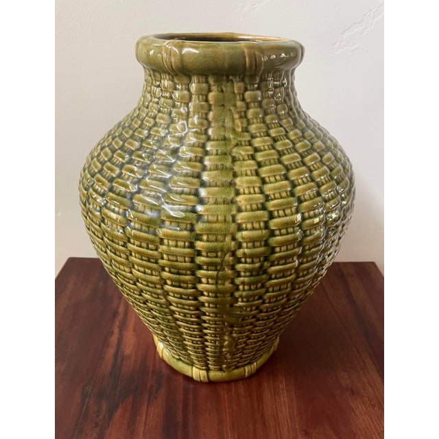 Mid 20th C. Embossed Basket-Weave Ceramic Green Vessel For Sale - Image 4 of 8