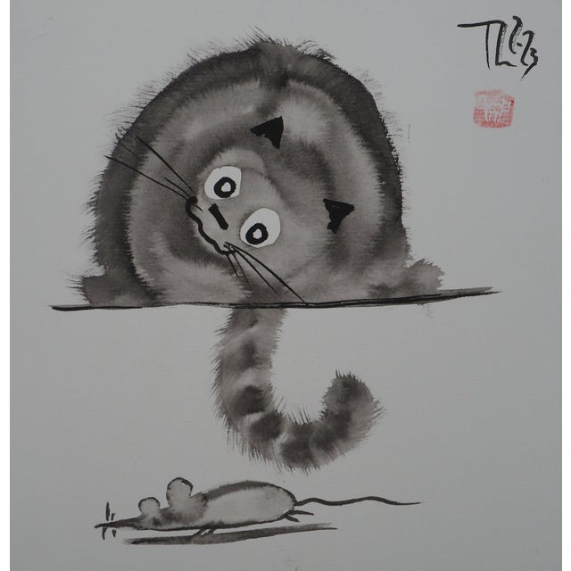 Laszlo Tibay, Le chat et la souris, Ink & Wash Drawing For Sale
