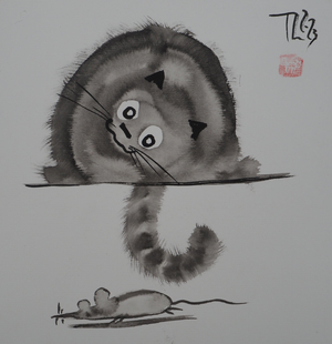 Laszlo Tibay, Le chat et la souris, Ink & Wash Drawing