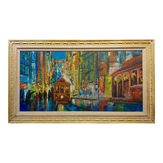 1960s Downtown San Francisco Busy Streets at Night -Oil Painting For Sale