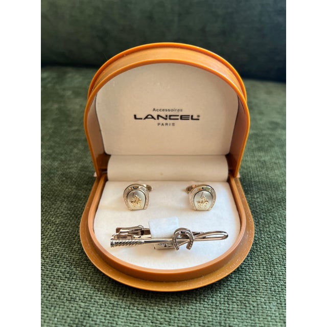 Rare Vintage "Lancel" Paris Gold Plate Steel Cufflinks & Tie Bar Original Case For Sale - Image 12 of 18