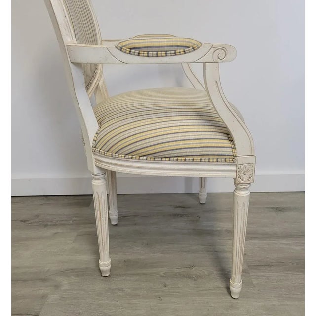 Ethan Allen Louis XVI French Striped Style Oval Back Armchairs in Distressed White Finish For Sale - Image 9 of 13
