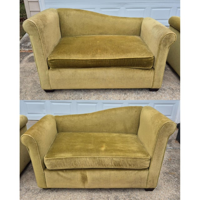 This is an unusual pair of American made Flexsteel left and right chaises currently upholstered in olive green velvet with...