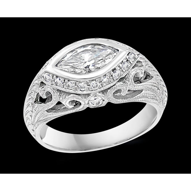 1 Carat Marquise Shape Center Diamond 14 Karat White Gold Ring, Art Deco Style For Sale - Image 16 of 18