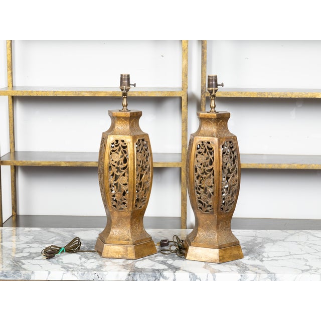 Mid-Century Modern Mid 20th Century Asian MidCentury Us-Wired Table Lamps with Carved Openwork Floral Motifsv - a Pair For Sale - Image 3 of 9
