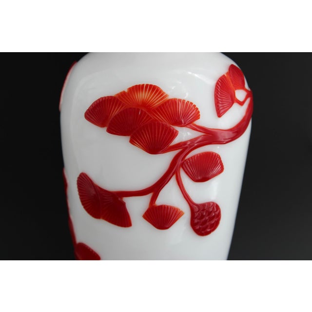 Glass Antique Chinese Red & White Peking Glass Vase, Hand Carved Monkey, C1910 For Sale - Image 7 of 13