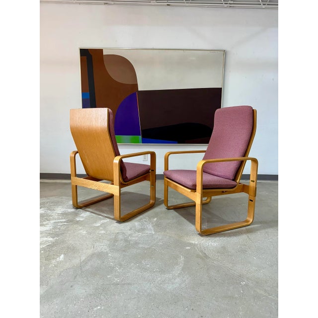 Pair of Vintage Thonet Beech Bentwood Highback Lounge Chairs c.1980’s. Sculptural bentwood frames with purple textured...