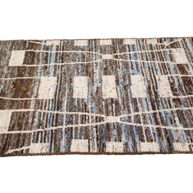 2020s Modern Moroccan Style Handmade Brown Geometric Wool Runner For Sale - Image 5 of 7