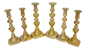 Trio English Brass Beehive Candlesticks 1 Large Pair, 2 Matching Smaller Pair