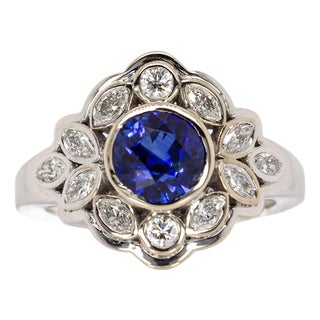 2.13cts Round Ceylon Sapphire and Natural Diamond Ring in Solid 14k White Gold, Size 6.75 For Sale