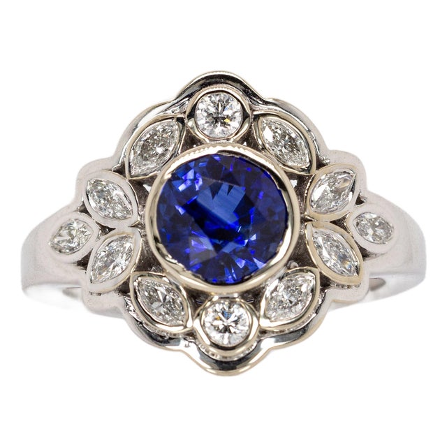 2.13cts Round Ceylon Sapphire and Natural Diamond Ring in Solid 14k White Gold, Size 6.75 For Sale