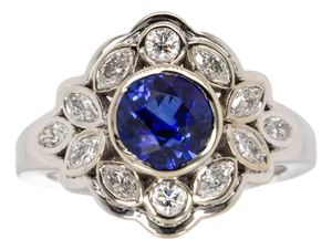 2.13cts Round Ceylon Sapphire and Natural Diamond Ring in Solid 14k White Gold, Size 6.75