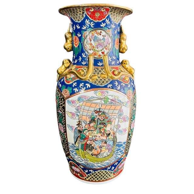 A striking and colorful vintage Chinese export porcelain floor vase from the 1970s. This piece is a fantastic example of...