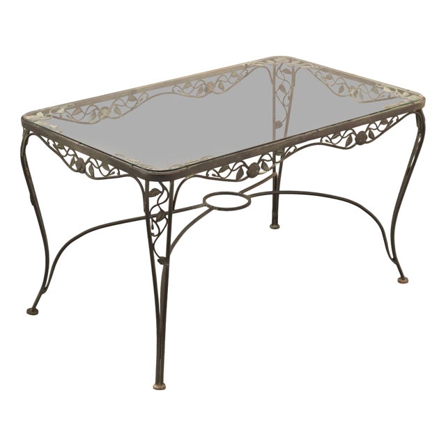 Vintage Glass Top Wrought Iron Patio Table For Sale