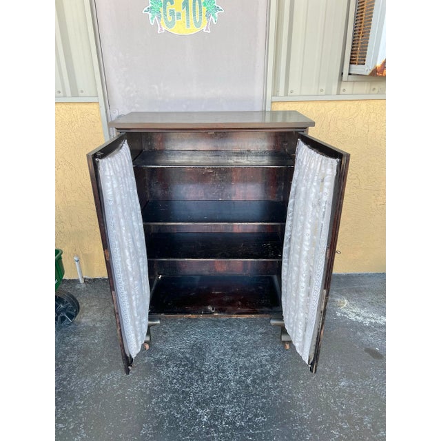 Brown Antique Pie Safe or Book Cabinet Glass Doors & Wheels For Sale - Image 8 of 11